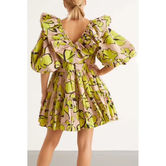 Aje Mini Dress Pelicano Floral‎ Green Chartreuse Tan Balloon Sleeve Ruffle Sz 8 - Picture 12 of 13
